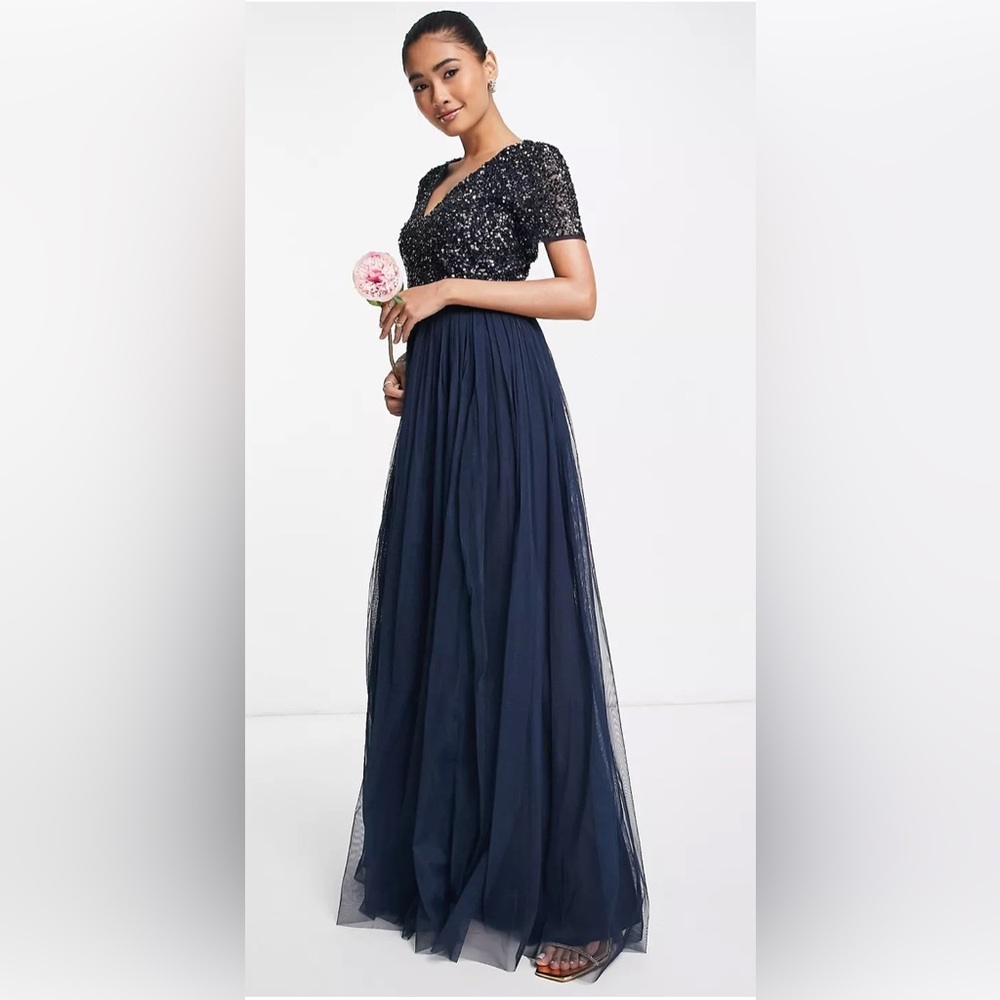 Maya Bridesmaid short sleeve maxi tulle dress w tonal delicate sequins in navy